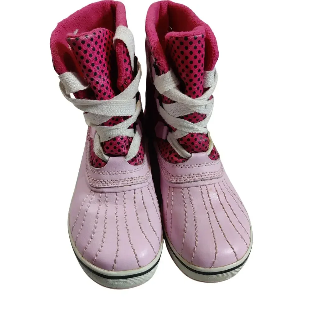 Sorel Girls Sz 4 Pink Polka Dot Duck Boots Lace Up Waterproof Fleece Lined
